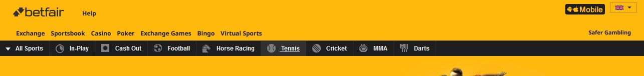 Top banner of the betfair site